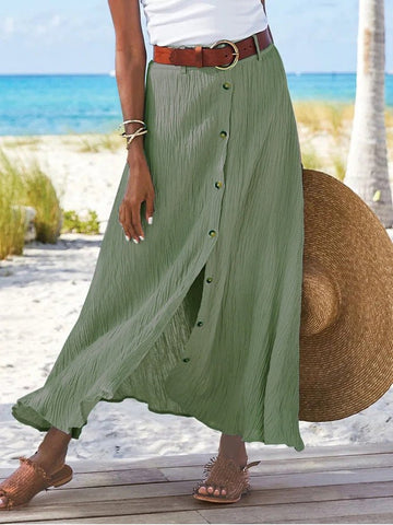 Cotton And Linen Button Slit A-Line Skirt